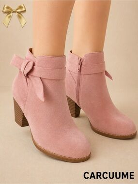 Carcuume Pink Faux Suede Bow Ankle Booties Block Heel Size 7
